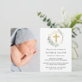 Eucalyptus Gold Cross - Waterverf Foto Baptisme Kaart (Staand voorkant)