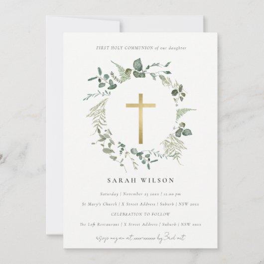 Eucalyptus Gold Cross Wreate First Heilige Communi Kaart (Voorkant)