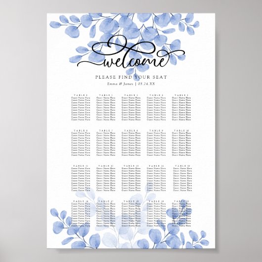 Eucalyptus Gold Dusty Blue Wedding Seating Chart Poster (Voorkant)