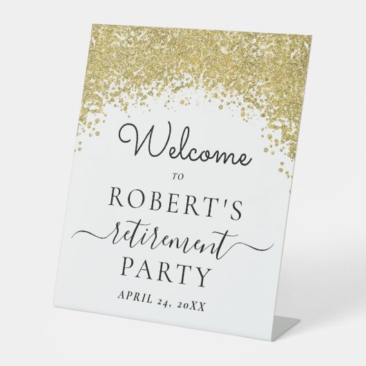 Eucalyptus Gold Elegant Retirement Party Welkom Reclamebord Met Voetstuk (Voorkant)