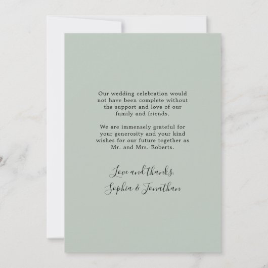Eucalyptus Gold Elegant Script Photo Weddenschap b Bedankkaart (Achterkant)
