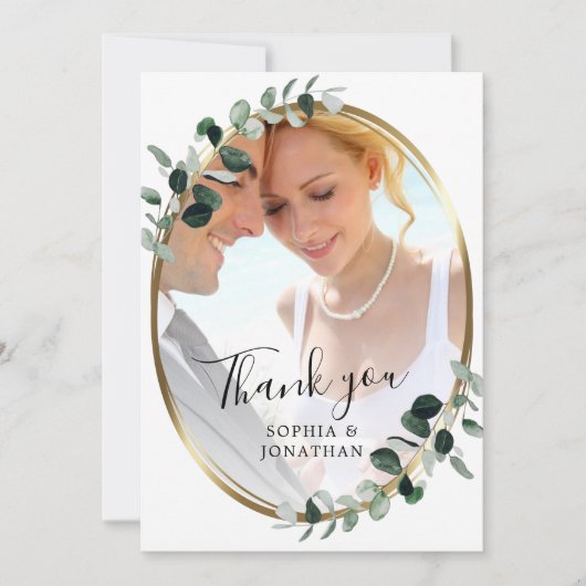 Eucalyptus Gold Elegant Script Photo Weddenschap Bedankkaart (Voorkant)