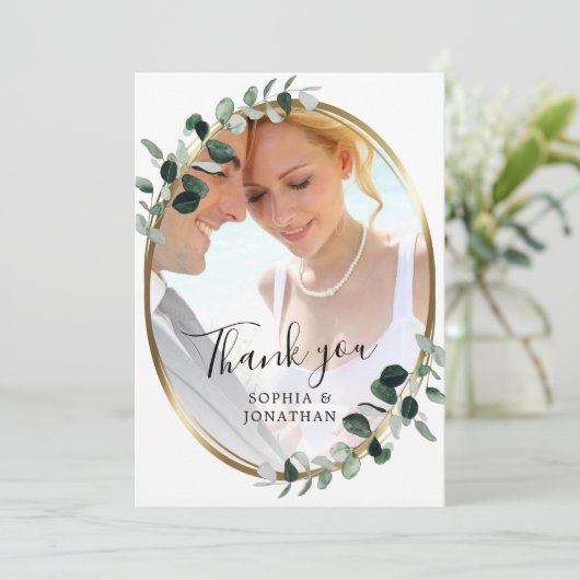 Eucalyptus Gold Elegant Script Photo Weddenschap Bedankkaart (Staand voorkant)