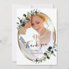 Eucalyptus Gold Elegant Script Photo Weddenschap Bedankkaart