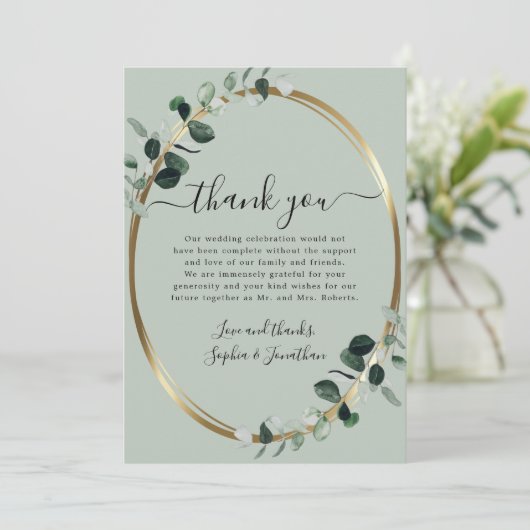 Eucalyptus Gold Elegant Script Sage Green Wedding Bedankkaart (Staand voorkant)