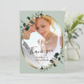 Eucalyptus Gold Elegant Script Sage Photo Weddensc Bedankkaart (Staand voorkant)