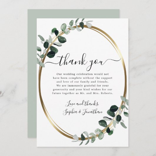 Eucalyptus Gold Elegant Script White Sage Weddensc Bedankkaart (Voorkant / Achterkant)