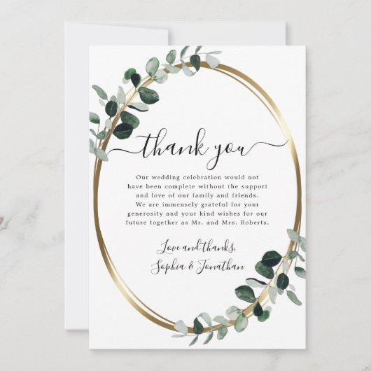 Eucalyptus Gold Elegant Script White Wedding Bedankkaart (Voorkant)