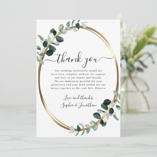 Eucalyptus Gold Elegant Script White Wedding Bedankkaart (Staand voorkant)