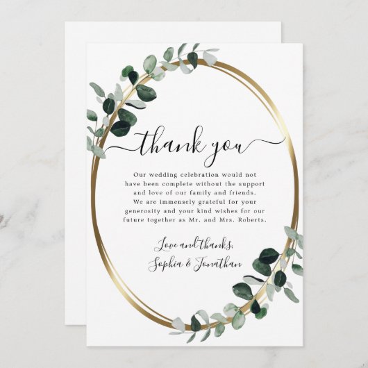 Eucalyptus Gold Elegant Script White Wedding Bedankkaart (Voorkant / Achterkant)