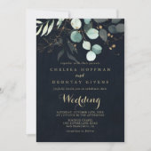 Eucalyptus Gold Floral Blue Front & Back Wedding Kaart (Voorkant)
