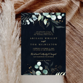 Eucalyptus Gold Floral Blue Traditional Wedding Kaart