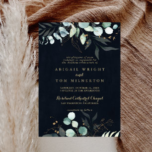 Eucalyptus Gold Floral Blue Traditional Wedding Kaart