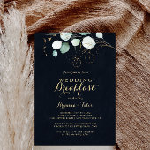 Eucalyptus Gold Floral Blue Weddenschap Breakfast Kaart