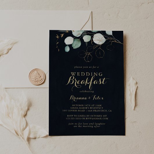 Eucalyptus Gold Floral Blue Weddenschap Breakfast Kaart