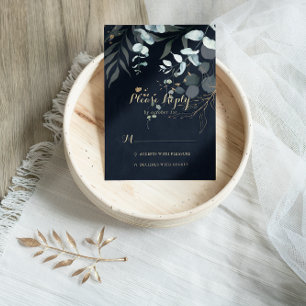 Eucalyptus Gold Floral Calligrafie Blue RSVP Kaartje