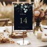 Eucalyptus Gold Floral Calligrafie Blue Wedding Kaart<br><div class="desc">Dit eucalyptusgoud florale kalligrafie blauwe trouwtafel nummer is perfect voor een rustige bruiloft. Dit artistieke ontwerp kenmerkt handgetekende gouden florale en waterverf eucalyptusgroene bladeren in een donkerblauwe achtergrond,  die de natuurlijke schoonheid inspireert. Dit is een dubbelzijdig tabelnummer. Voeg elk tabelnummer toe dat u aan uw karretje afzonderlijk nodig hebt.</div>
