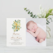 eucalyptus gold floral cross baptisme foto kaart (Staand voorkant)