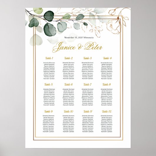 Eucalyptus Gold Floral Wedding Seating Chart Poster (Voorkant)