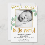 Eucalyptus Gold Foil Lijst Hallo World Baby Aankondiging (Voorkant)