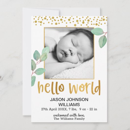 Eucalyptus Gold Foil Lijst Hallo World Baby Aankondiging (Voorkant)