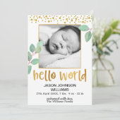 Eucalyptus Gold Foil Lijst Hallo World Baby Aankondiging (Staand voorkant)