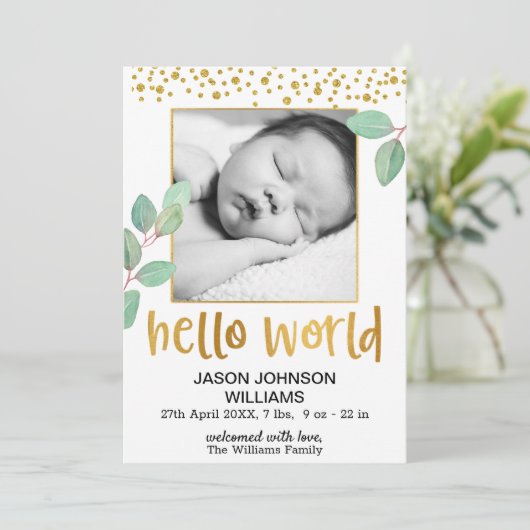 Eucalyptus Gold Foil Lijst Hallo World Baby Aankondiging (Staand voorkant)