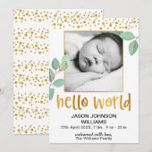 Eucalyptus Gold Foil Lijst Hallo World Baby Aankondiging (Voorkant / Achterkant)