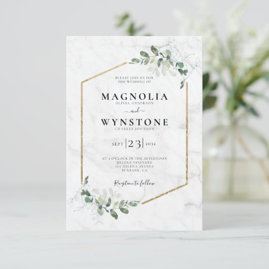 Eucalyptus Gold Foil Lijst Marble Wedding Kaart (Staand voorkant)