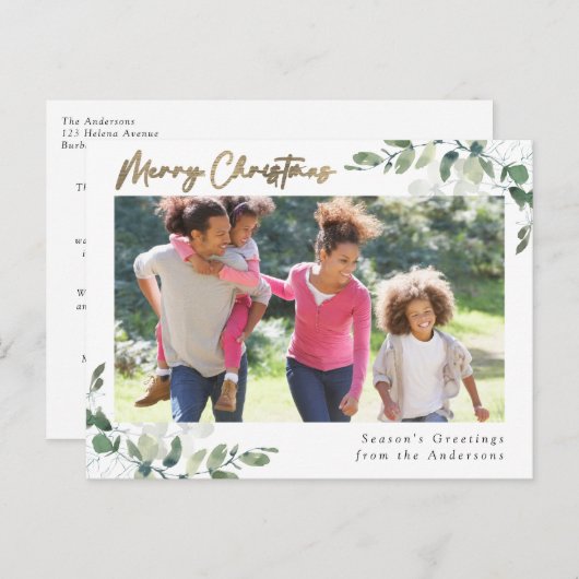 Eucalyptus Gold Foil Merry kerstfoto Feestdagenkaart (Voorkant / Achterkant)