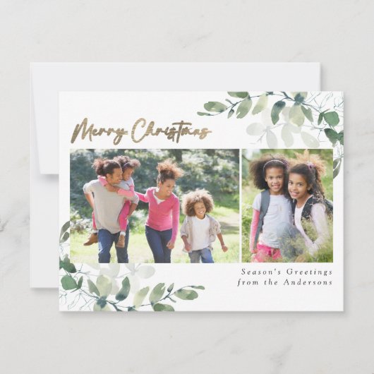 Eucalyptus Gold Foil Merry Kerstmis 2 Foto's Feestdagenkaart (Voorkant)