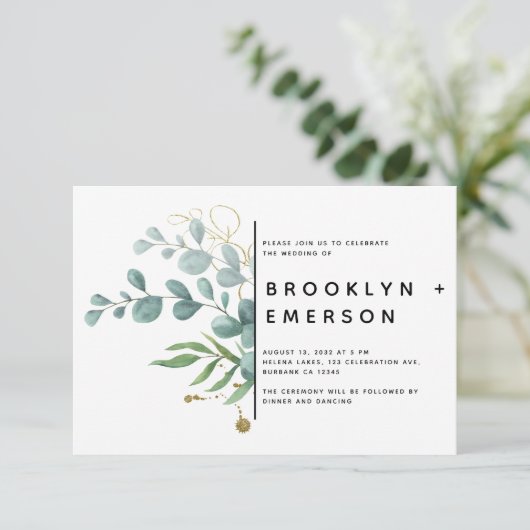 Eucalyptus Gold Foil Wedding Kaart (Staand voorkant)