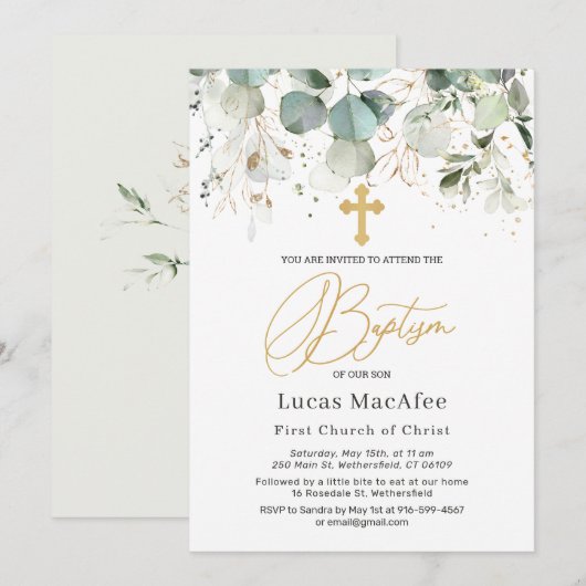 Eucalyptus Gold Foliage Cross-Baptisme Kaart (Voorkant / Achterkant)