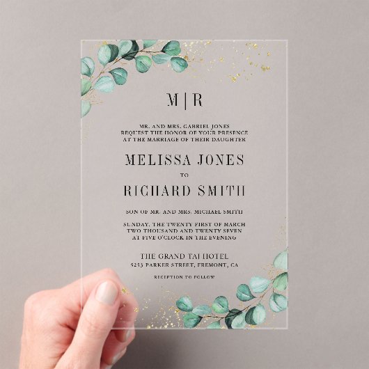 Eucalyptus Gold Formal Monogram Wedding Acryl Uitnodigingen (Insitu (Draagbaar))
