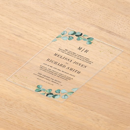 Eucalyptus Gold Formal Monogram Wedding Acryl Uitnodigingen (Laagn)