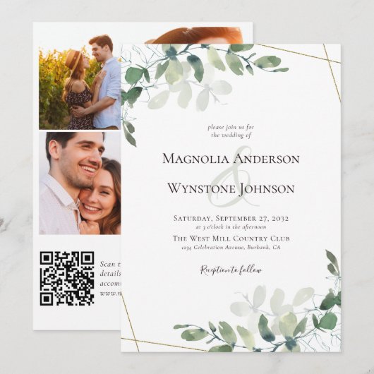 Eucalyptus Gold Foto QR Code Irenary Weduwschap Kaart (Voorkant / Achterkant)