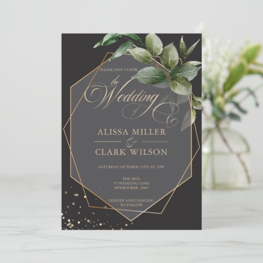 Eucalyptus Gold Geometric Black Charcoal Weddensch Kaart (Staand voorkant)