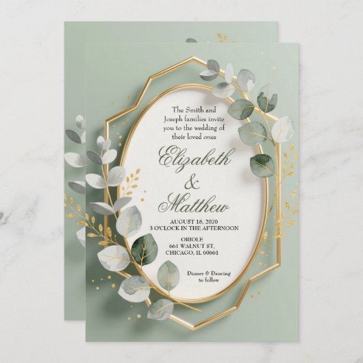 Eucalyptus Gold Geometric Frame Wedding Invite Kaart (Voorkant / Achterkant)
