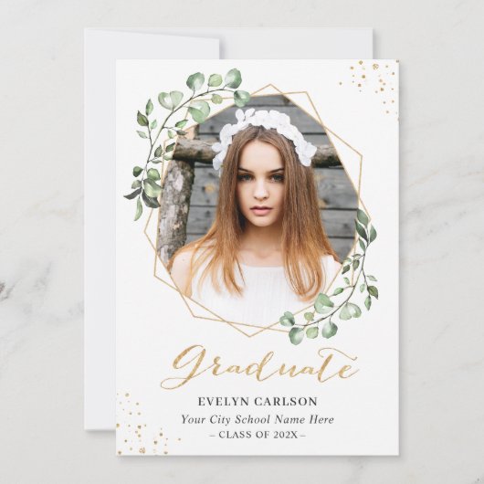 Eucalyptus Gold Geometric Photo Graduparty Kaart (Voorkant)
