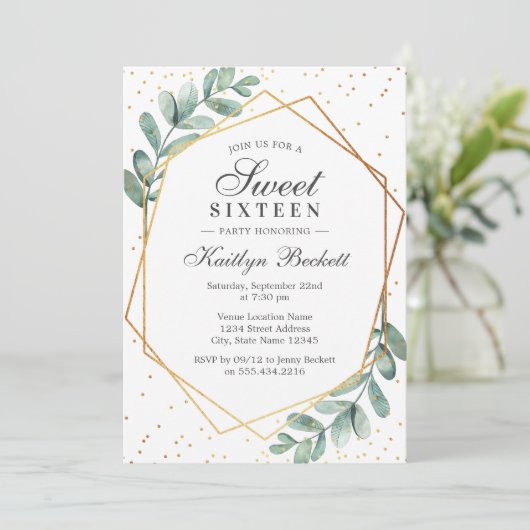 Eucalyptus Gold Geometric Sweet Sixteen Kaart (Staand voorkant)