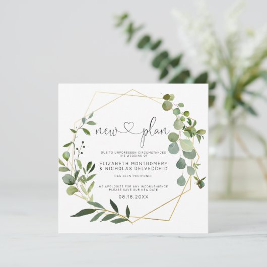 Eucalyptus Gold Geometric | Uitgestelde bruiloft Kaart (Staand voorkant)