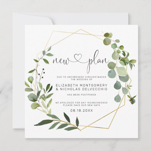 Eucalyptus Gold Geometric | Uitgestelde bruiloft Kaart (Voorkant)