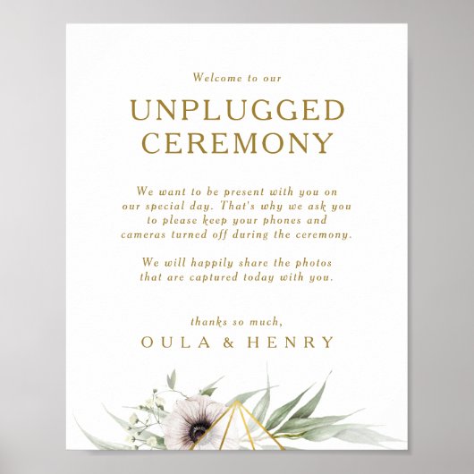 Eucalyptus Gold Geometric Unplugged Ceremony Sign Poster (Voorkant)