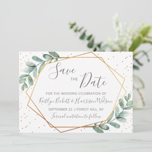 Eucalyptus Gold Geometric Wedding Save The Date (Staand voorkant)