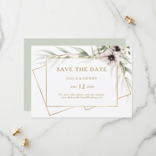 Eucalyptus Gold geometrisch horizontaal sparen de  Save The Date (Voorkant / Achterkant in situ)