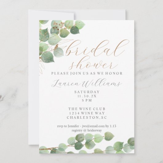 Eucalyptus Gold Glitter Bridal Shower Save The Date (Voorkant)