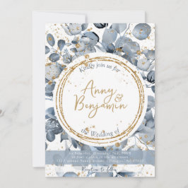 Eucalyptus Gold Glitter - Dusty Blue Invitation 1 Kaart