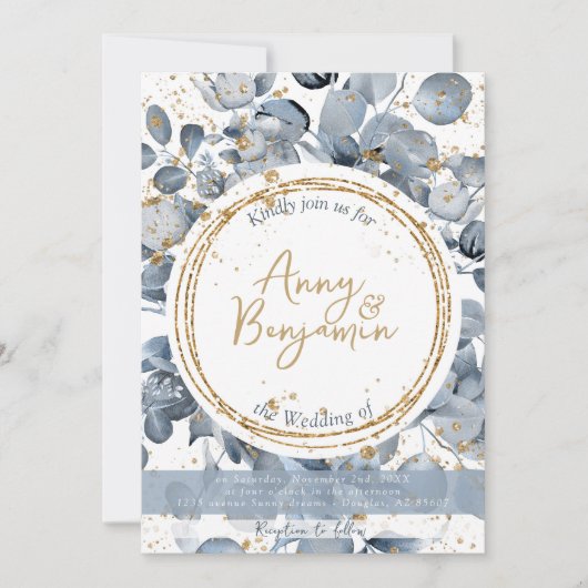 Eucalyptus Gold Glitter - Dusty Blue Invitation 1 Kaart (Voorkant)