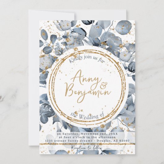 Eucalyptus Gold Glitter - Dusty Blue Invitation 2 Kaart (Voorkant)