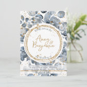 Eucalyptus Gold Glitter - Dusty Blue Invitation 2 Kaart (Staand voorkant)